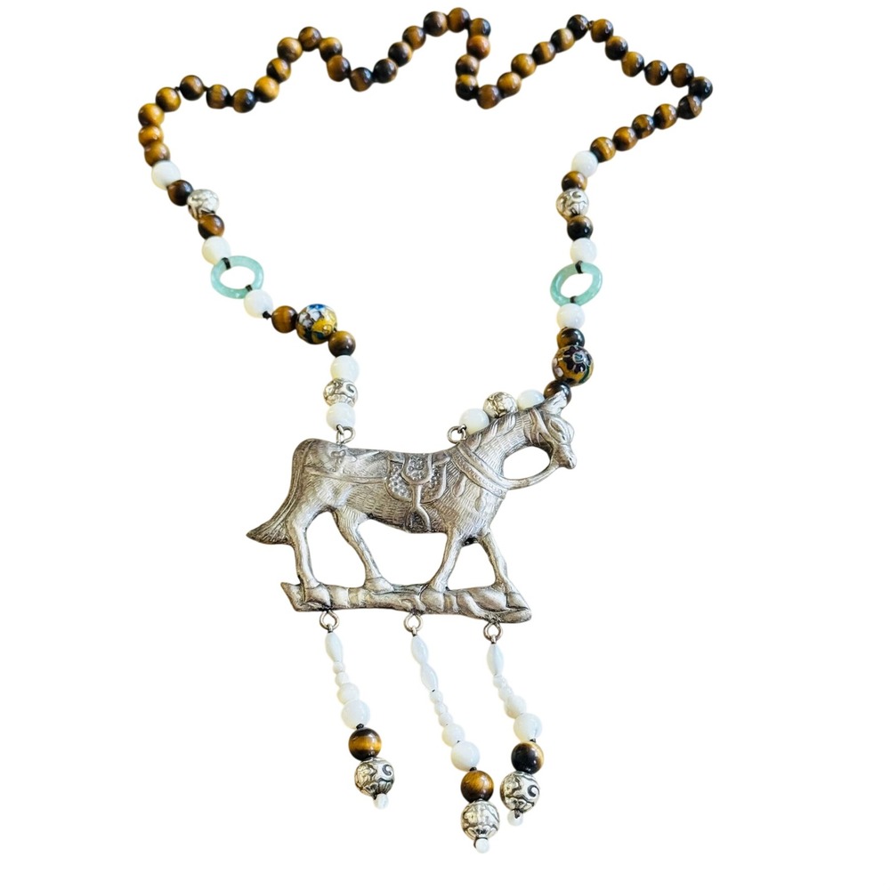 VTG‎ Horse Equestrian Necklace Statement Cloisonne Tiger's Eye Jade Stone Beads